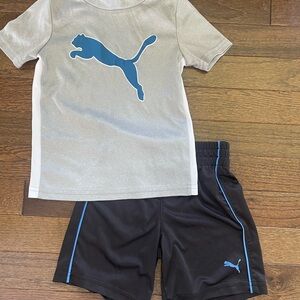 Puma Gray Tee and Black Shorts with Blue Logo Accent